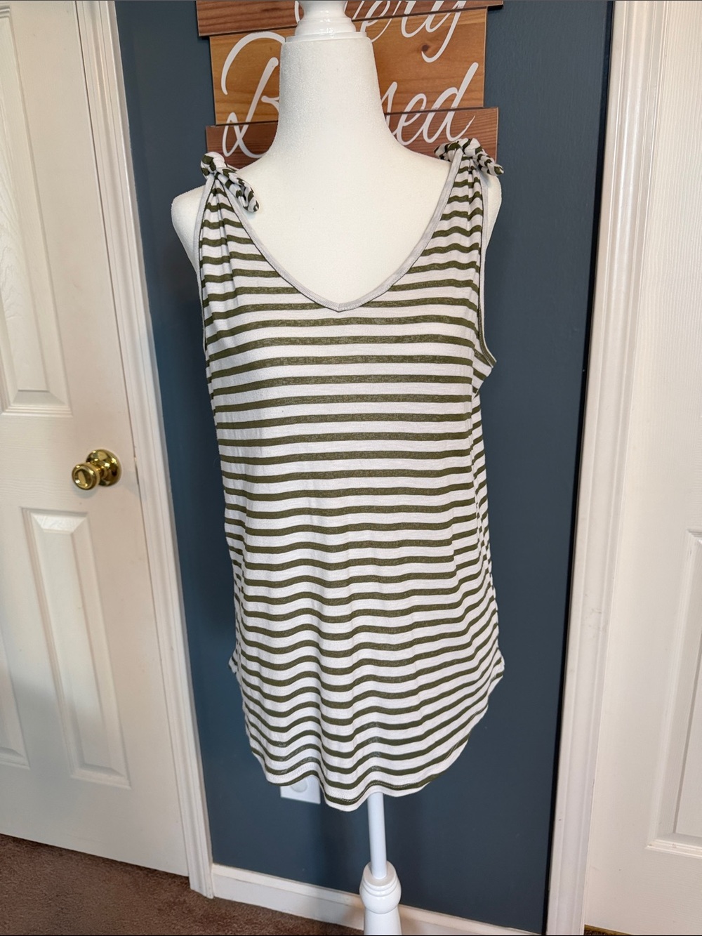 Striped Olive & White Tie-Shoulder Tank Top - Women's Casual Layering